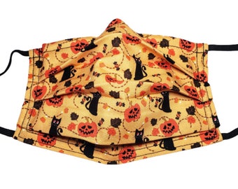 Black Cat & Jack-o'-Lantern Face Mask, Reusable with Filter Pocket