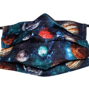 May include: A black face mask with a colorful space-themed print featuring planets, stars, and a galaxy background.