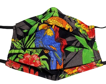 Parrot Paradise Face Mask, Handmade Cotton Mask with Filter Pocket