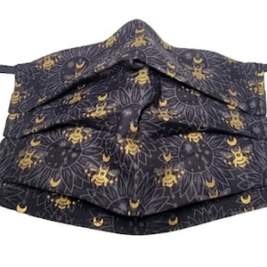 Mystic Moons and Bees Mask  (black) Adjustable Reusable Face Mask with Nose Pinch Wire and Filter Compartment 100% cotton double layer