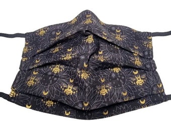 Mystic Moons and Bees Mask  (black) Adjustable Reusable Face Mask with Nose Pinch Wire and Filter Compartment 100% cotton double layer