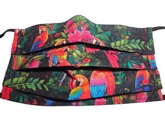 Tropical Parrots Mask Handmade Reusable Adjustable Face Mask with Nose Pinch Wire and Filter Compartment 2 layers 100% cotton
