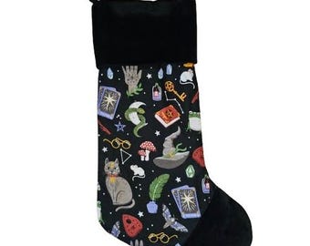 Witchcraft Relics Flannel Gothic Christmas Stocking, Beautiful/Bewitching & Alternative Holiday Decor, Witchy Stocking ,Dark Aesthetic Gift