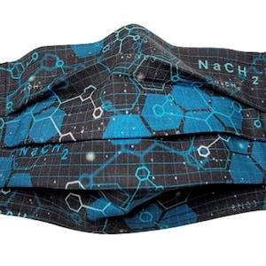 May include: A black face mask with a blue and white chemical structure pattern. The text "NaCH2" is visible on the mask.