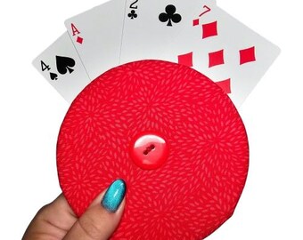 Red Burst Handmade Cotton Playing Card Holder, Easy Card Organizer for Seniors, Kids, All Ages | Family Game Night & Travel