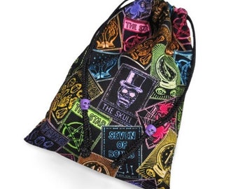 Tarot Card Deck Pouch, Dice Pouch, Drawstring Pouch 100% Cotton - Neon Tarot Design