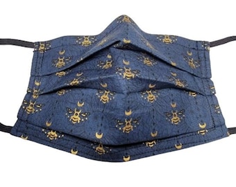 Mystic Moons and Bees (navy) Mask Adjustable Reusable Face Mask with Nose Pinch Wire and Filter Compartment 100% cotton double layer