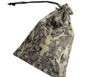 Tarot Card Deck Pouch, Dice Pouch, Drawstring Pouch 100% Cotton - Skulls and Spiders Design