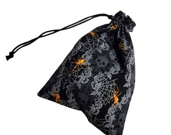 Tarot Card Deck Pouch, Dice Pouch, Drawstring Pouch 100% Cotton - Filigree Spiders and Skulls
