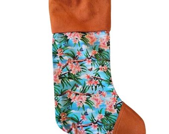 Hawaiian Christmas Stocking, Aloah, Ohana, Orange & Blue, Holiday Decor, Tropical Stocking , Flowers, Beautiful Beach Aesthetic Gift