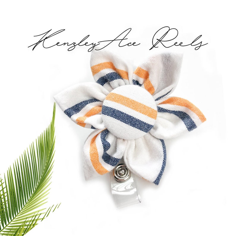 ID holder Retractable Badge Reel nurse gift Yellow Stripe Fabric flower badge nurse badge reel Navy Mustard Yellow Fabric Flower Badge