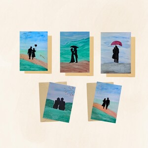 Romantic Watercolor Couple Greeting Cards – Hand-Painted Silhouette Love Scenes – Anniversary, Wedding, Valentine’s Day Card Set, Miss You