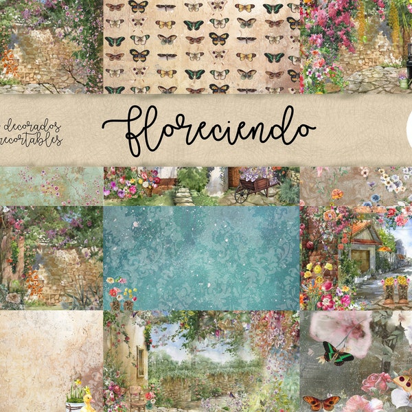 Papel digital scrapbooking, junk journal, primavera, otoño. Floreciendo. Kit digital diario basura, fondos otoño