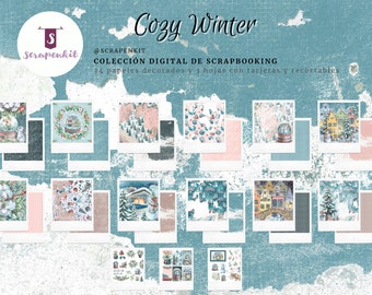 Papel digital scrapbooking, junk journal, Cozy winter, kit digital, ephemera, embellishments