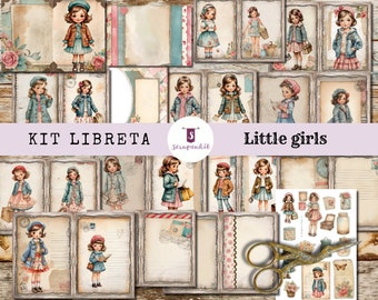 Digital kit for making a notebook or journal, little girls, cottagecore