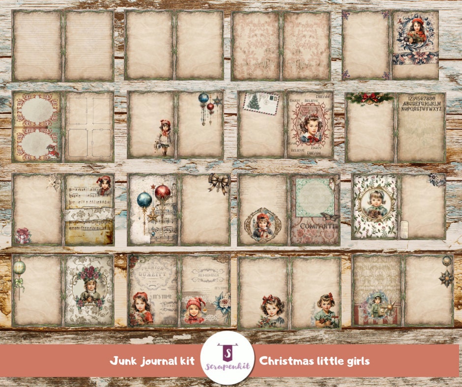 Junk Journal Kit Christmas Little Girls Collage Printable, Digital Kit, Vintage Ephemera