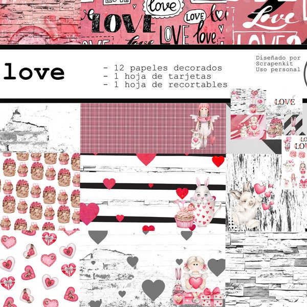 Colección digital scrapbooking San Valentín, enamorados, proyectos hechos a mano, kit digital San Valentín, diario basura, libro recortes
