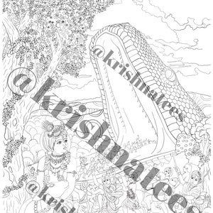 May include: A black and white line drawing illustration of a Hindu deity, Krishna, holding a calf. Krishna is standing in front of a large snake with its mouth open. There are other people in the background.