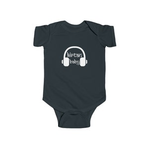 May include: A dark gray baby onesie with a white graphic of headphones and the text "kirtan baby".
