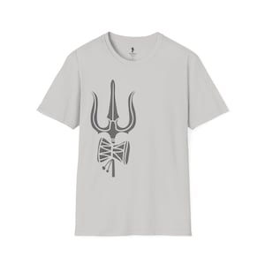 May include: A light gray t-shirt featuring a dark gray trident and drum graphic. The short-sleeved shirt has a crew neck and a simple, minimalist design. The graphic is centered on the front of the shirt.