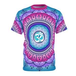 Aqua and Pink Om Mandala Unisex All Over Print Tee (AOP) | Yoga Shirt | Bhakti Yoga | Hare Krishna | Krishna Tees