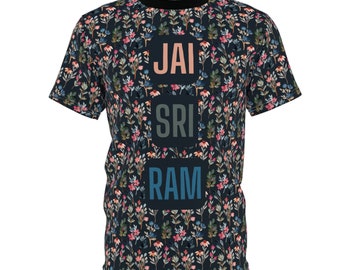 Koszulka unisex Jai Sri Ram z nadrukiem na całej powierzchni (AOP) | Koszulka do jogi | Jai Sri Ram | Bhakti Joga | Ram Bhakta | Hare Kryszna | Koszulki Kryszny