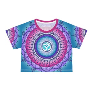 Aqua and Pink Om Mandala Crop Tee (AOP) | All Over Print | Om Tee | Om Shirt | Crop Top | Yoga Tee | Bhakti | Krishna Tees