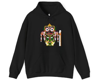 May include: Black hooded sweatshirt featuring a colourful illustration of a Hindu deity on the front.