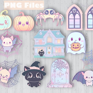 Cute Pastel Halloween PNG Clipart | Pastel Goth Clipart | Spooky PNG Images | Halloween Digital Images| Cute Ghost, Spider, Black Cat, Bats