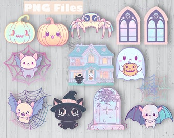 Cute Pastel Halloween PNG Clipart | Pastel Goth Clipart | Spooky PNG Images | Halloween Digital Images| Cute Ghost, Spider, Black Cat, Bats