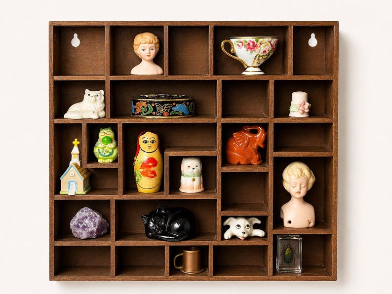 May include: A brown wooden display cabinet with numerous compartments, showcasing a collection of vintage items. These include a porcelain doll bust, a floral teacup, a cat figurine, a Russian doll, and a small church ornament.