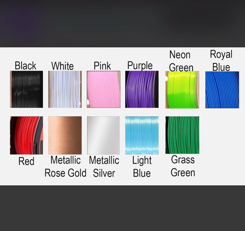 May include: A range of 3D printer filament spools in colours such as black, white, pink, purple, neon green, and royal blue. Other colours include red, metallic rose gold, metallic silver, light blue, and grass green.