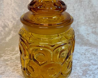 Vintage Amber Moon and Stars Glass Canister with Lid, L.E. Smith Style 1970s Amber Glass Kitchen Jar, Retro Small Storage Canister