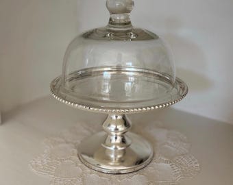 Vintage Victorian Silver Pedestal Cake Pastry Stand With Glass Cloche Dome, Made in India