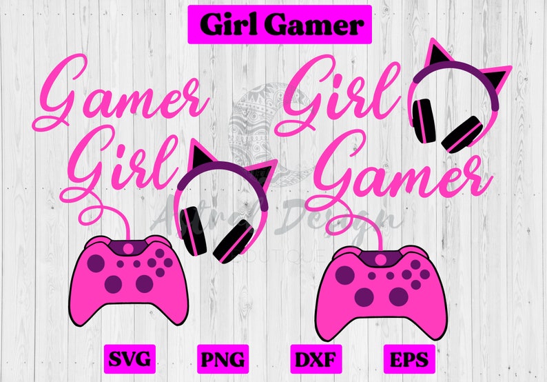 May include: Pink and black gamer girl design with a pink video game controller and headphones with cat ears. The text "Gamer Girl" is written in pink cursive.