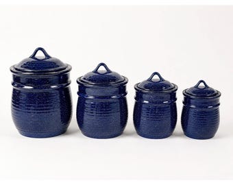 Vintage Cobalt Blue Speckled Canister Set of 4 Ribbed Ceramic Kitchen Storage Jars with Lids Farmhouse Country Decor