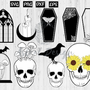 May include: A set of 10 black and white SVG cut files featuring gothic and spooky Halloween designs. The designs include a window, a candle, a coffin with a moth, a coffin with a spider web, a frame with a spider web, a bat, a skull with mushrooms, a crow on a skull, and a skull with sunflowers.