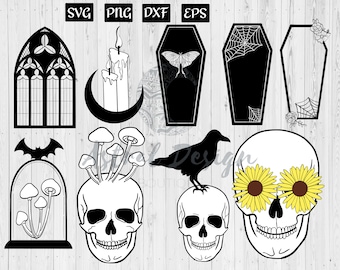 Gothic SVG Bundle | Cut Files for Cricut | Cathedral Window | Coffin SVG, Spiderweb Clipart, Skull Mushrooms, Raven Skull, Bat Cloche