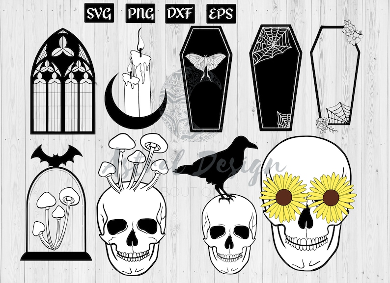 May include: A set of 10 black and white SVG cut files featuring gothic and spooky Halloween designs. The designs include a window, a candle, a coffin with a moth, a coffin with a spider web, a frame with a spider web, a bat, a skull with mushrooms, a crow on a skull, and a skull with sunflowers.