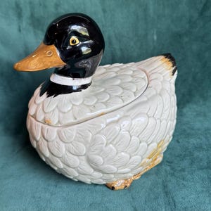 Vintage OMC Japan Ceramic Duck Lidded Jar Mallard Duck Candy Dish Cottagecore Kitchen Decor
