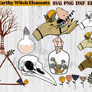 May include: Digital art featuring earthy witch elements. The image includes a tree, a raven skull, potion bottles with crystals, hands holding mushrooms, and floral elements. The color palette includes brown, beige, and black.