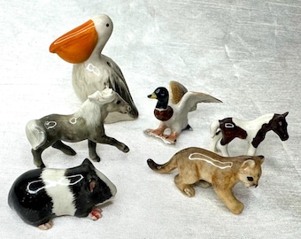 Vintage Little Critterz Miniature Ceramic Animal Figurines Lot w/ Pelican Shaker, Pony, Duck, Guinea Pig, Cougar Cub