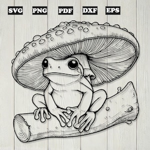 Grenouille sur une bûche avec des fichiers de coupe SVG champignon pour Cricut. Coloriages à imprimer | Fichiers à graver | Forêt PDF
