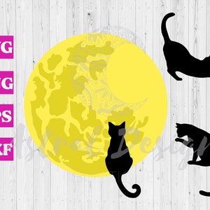 May include: Three black cat silhouettes against a yellow crescent moon background. The moon is on a white woodgrain background.