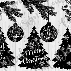 Christmas Tree SVG Ornaments, Snowflakes Cut Files for Cricut Silhouette, Vector Images, Fir Pine Trees, Snow, Clipart, Graphics