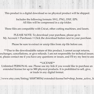 May include: Text on a white woodgrain background with information about a digital download product. The text includes the file formats SVG, PNG, DXF, and EPS. The text also includes a note about downloading the purchase and a license agreement for personal use.
