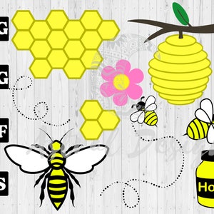 Bumble Bee SVG bundel gesneden bestanden Cricut, zomer clipart, Bee Hive, bloemen, geel, insecten, honingraat, zeshoek foto's, afbeeldingen, Laser CNC