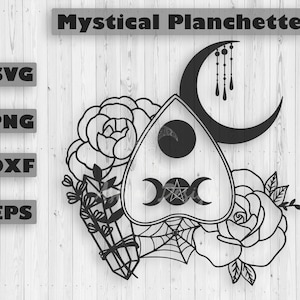 Op de afbeelding: Zwart-witte illustratie van een mystieke planchette met een halve maan, drie manen, een ster en een kristal. De planchette is omringd door bloemen en een spinnenweb.