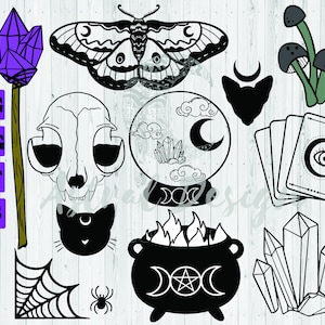 Peut inclure: Un ensemble d'illustrations numériques en noir et blanc représentant divers symboles mystiques et occultes, notamment un papillon de nuit, un crâne, une boule de cristal, des cartes de tarot, un chaudron, une araignée et des cristaux.