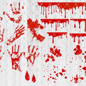 May include: A digital graphic design set of red blood splatter, handprints, and drips. The design elements are on a white wood background.